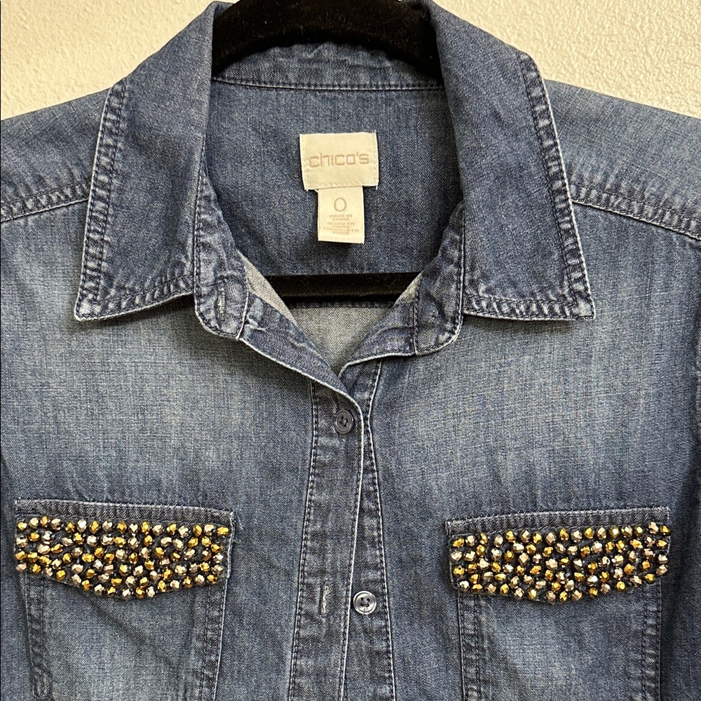 Chico's Blue Denim Shirt with Gold Embellishments